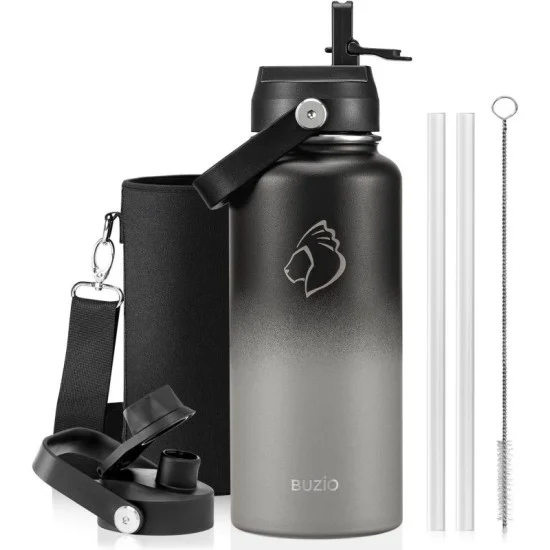 Buzio Duet Series Water Bottle with 2 Lids and Sleeve 1L - Shadow